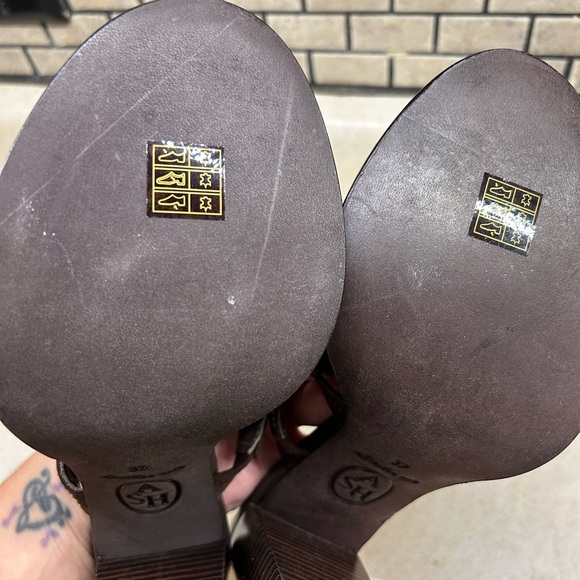 ASH Gold Studded/beaded Brown Leather Block Heels Strappy Sandals Sz 6.5 New - Picture 12 of 15